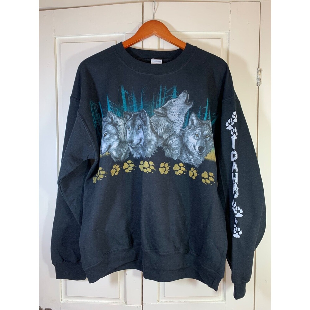 Idaho Wolf Pack Forest Graphic Black Sweatshirt Pullover Wildlife Nature Mens L‎